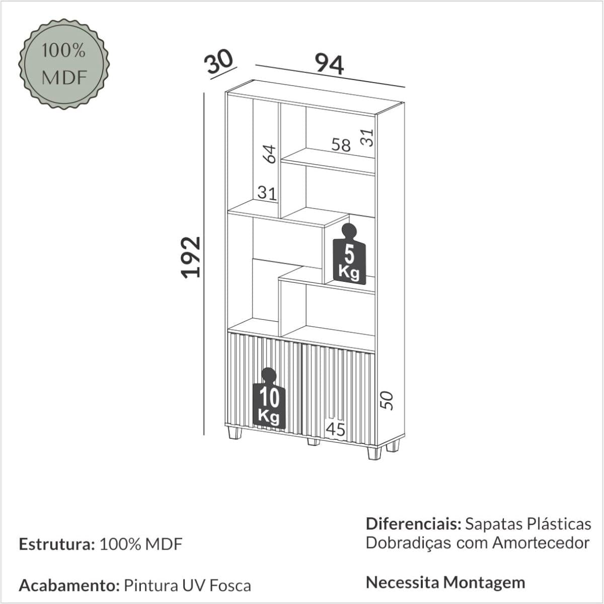 Estante Ripada com 2 Portas em MDF Preto Fosco/Freijó 94 x 30 x 192 cm C59 PFJ Dalla Costa