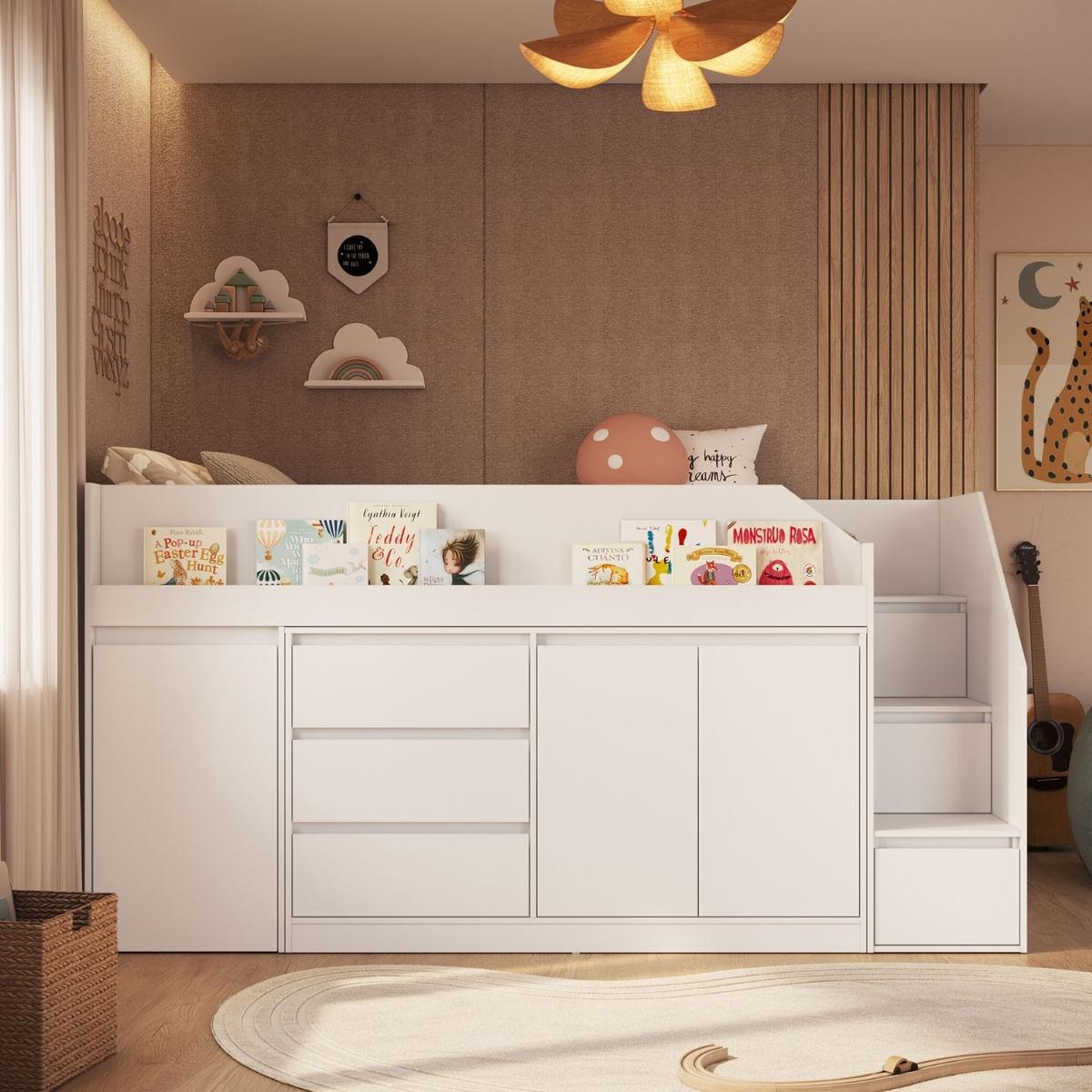 Cama Infanto Juvenil com Escrivaninha e Balcão Branco Completa Móveis