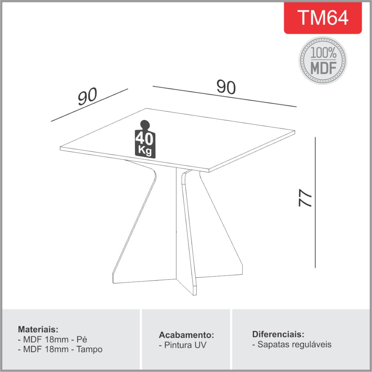 Mesa Quadrada 90 cm em MDF 18mm Off White/Carvalho Dalla Costa TM64WK