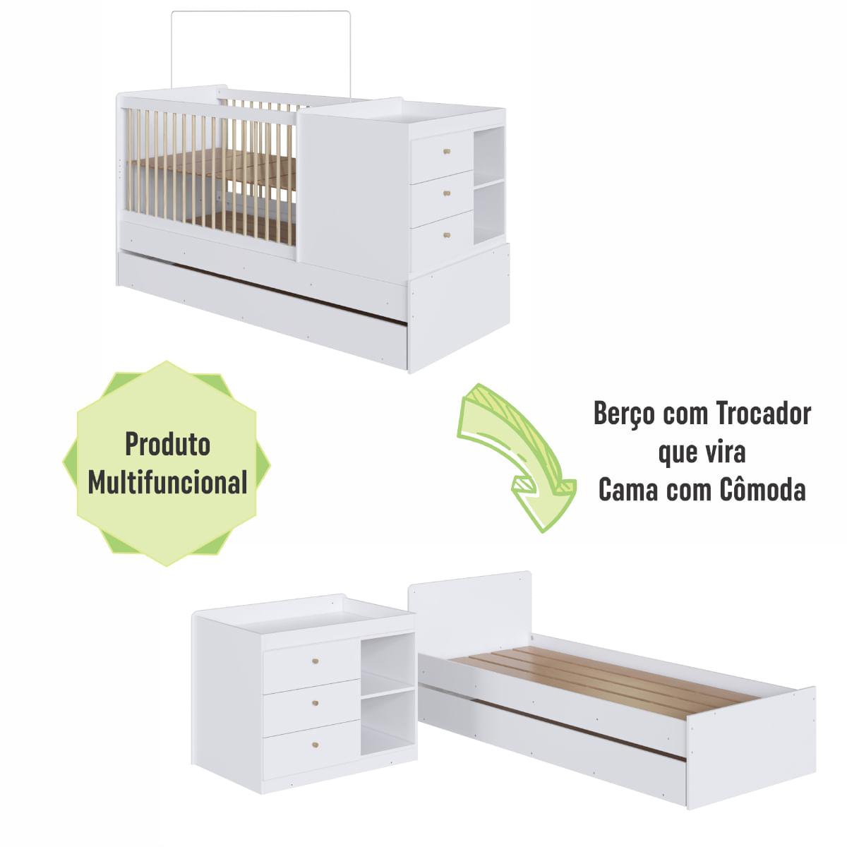 Berço Cama com Cômoda e Cama Auxiliar Branco Completa Móveis