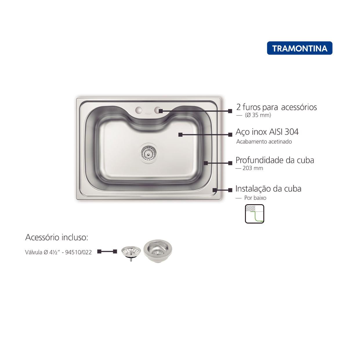 Cuba Tramontina Morgana 69x49cm em Aço Inox Acetinado Outlet