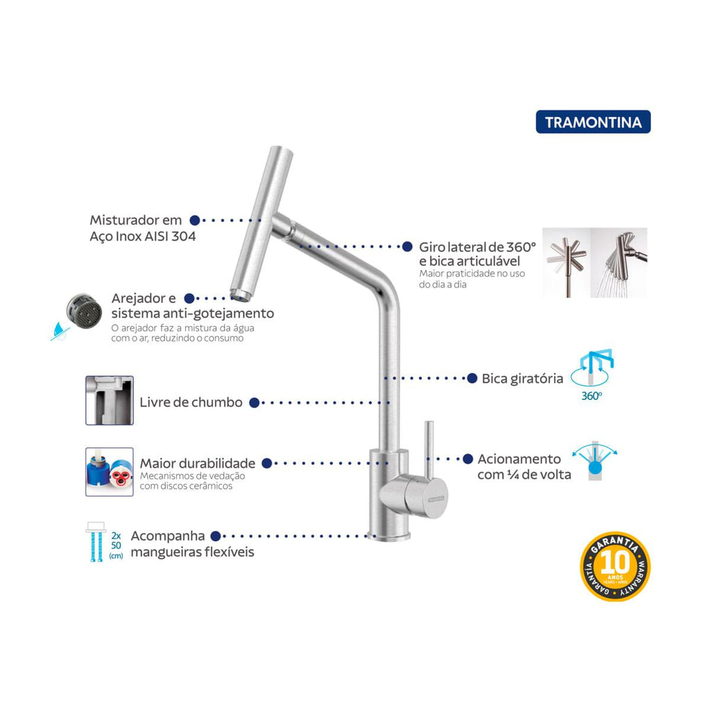 Misturador Monocomando Tramontina Versa em Aço Inox com Bica Articulada