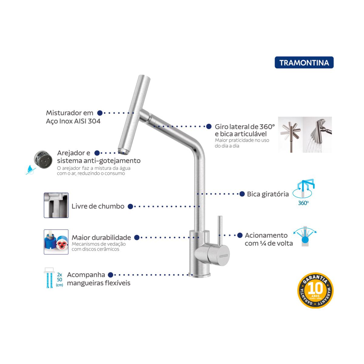 Misturador Monocomando Tramontina Versa em Aço Inox com Bica Articulada