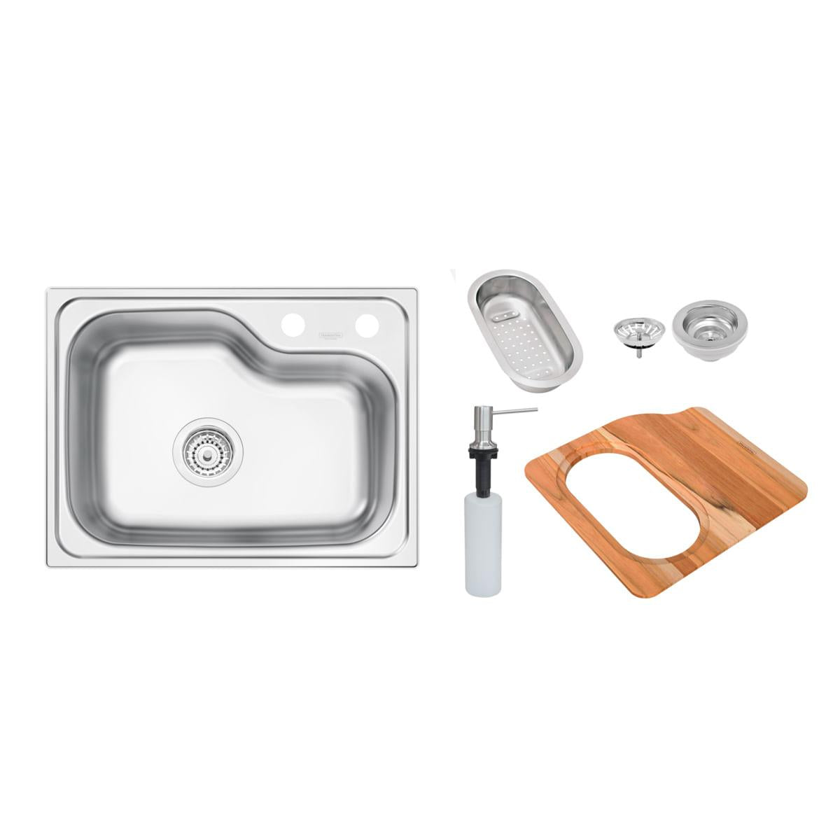 Cuba de Sobrepor Tramontina Morgana Compact 48 FX em Aço Inox Acetinado 55 x 42 cm com válvula, Dosador de Sabão, Tábua e Cesto