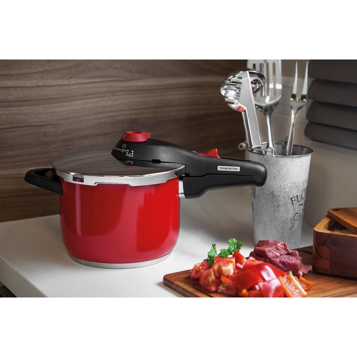 Panela de Pressão Tramontina Solar Vermelha em Aço Inox Fundo Triplo 22 cm 6 Litros