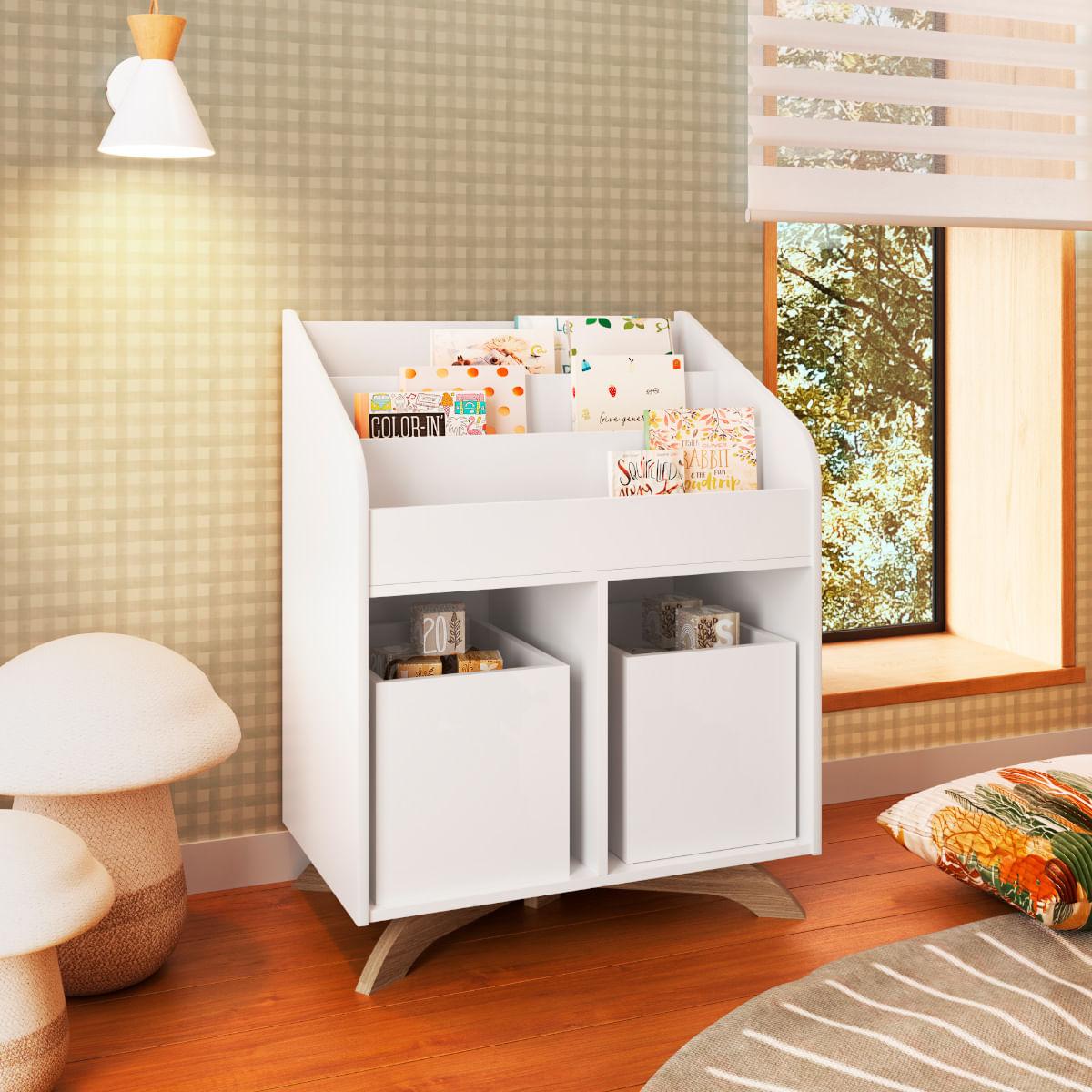 Estante Livreiro Infantil 71x45x91 cm em MDP Branco com 2 Cubos Completa Móveis