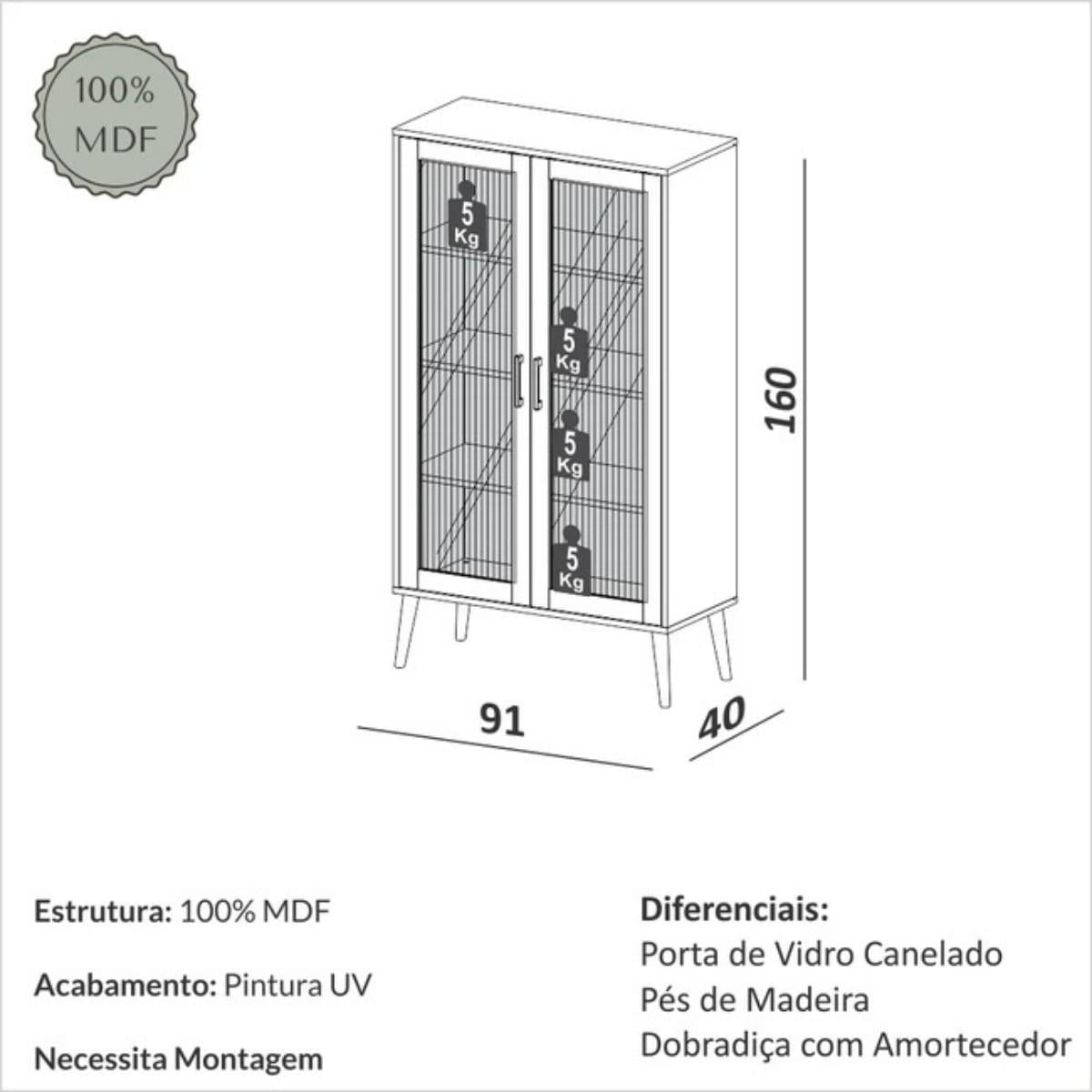 Cristaleira Madrid 91cm com 2 Portas de Vidro Canelado e 4 Prateleiras Carvalho Rosé Dalla Costa