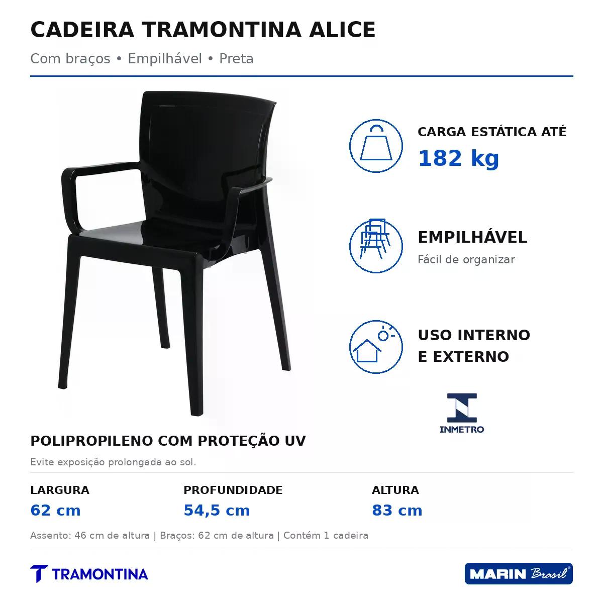 Cadeira Tramontina Alice com Braços Empilhável Preta