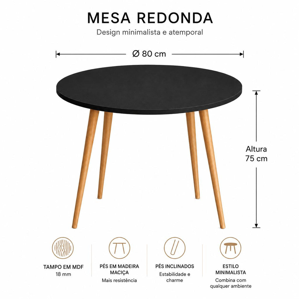 Mesa Jantar Sofia Redonda 80cm Preto Trama 18mm Pés de Madeira Natural Marin