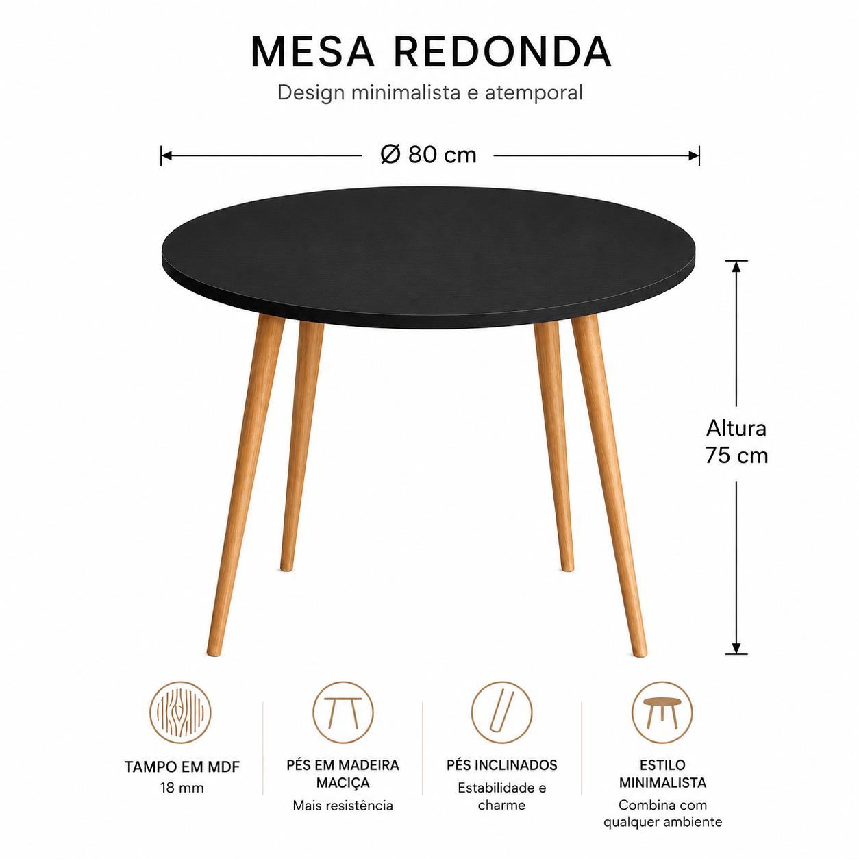 Mesa Jantar Sofia Redonda 80cm Preto Trama 18mm Pés de Madeira Natural Marin