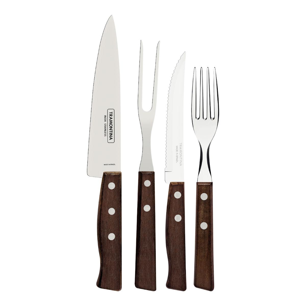 Jogo de Talheres Churrasco Tramontina Aço Inox Madeira Natural 14 Peças