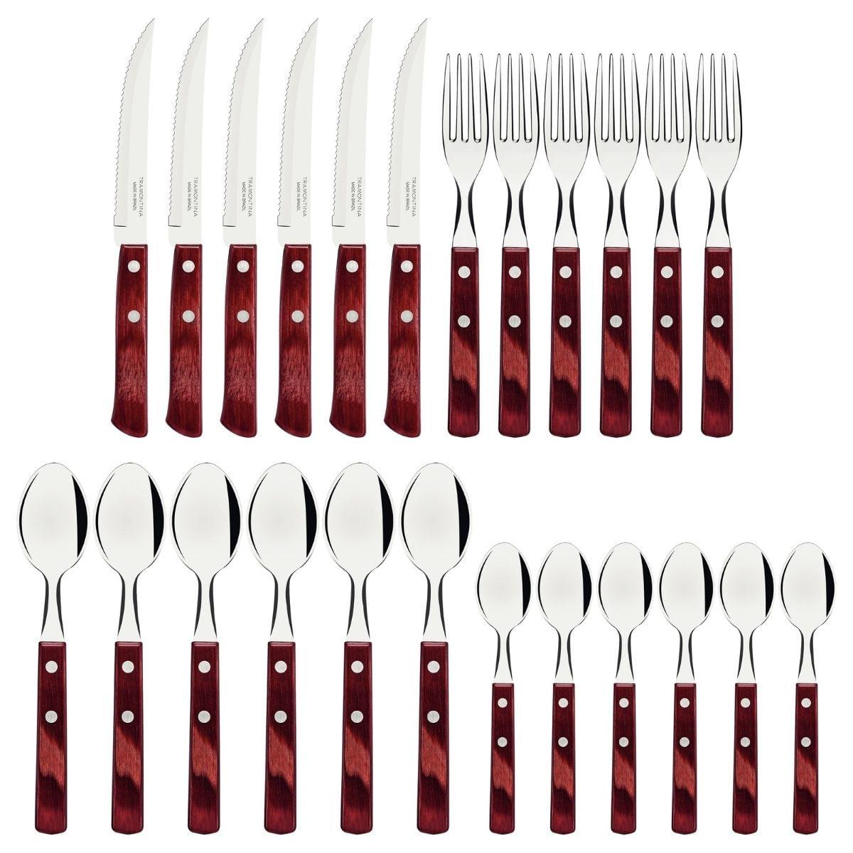 Faqueiro Tramontina Polywood Aço Inox e Madeira Vermelho 24 Peças