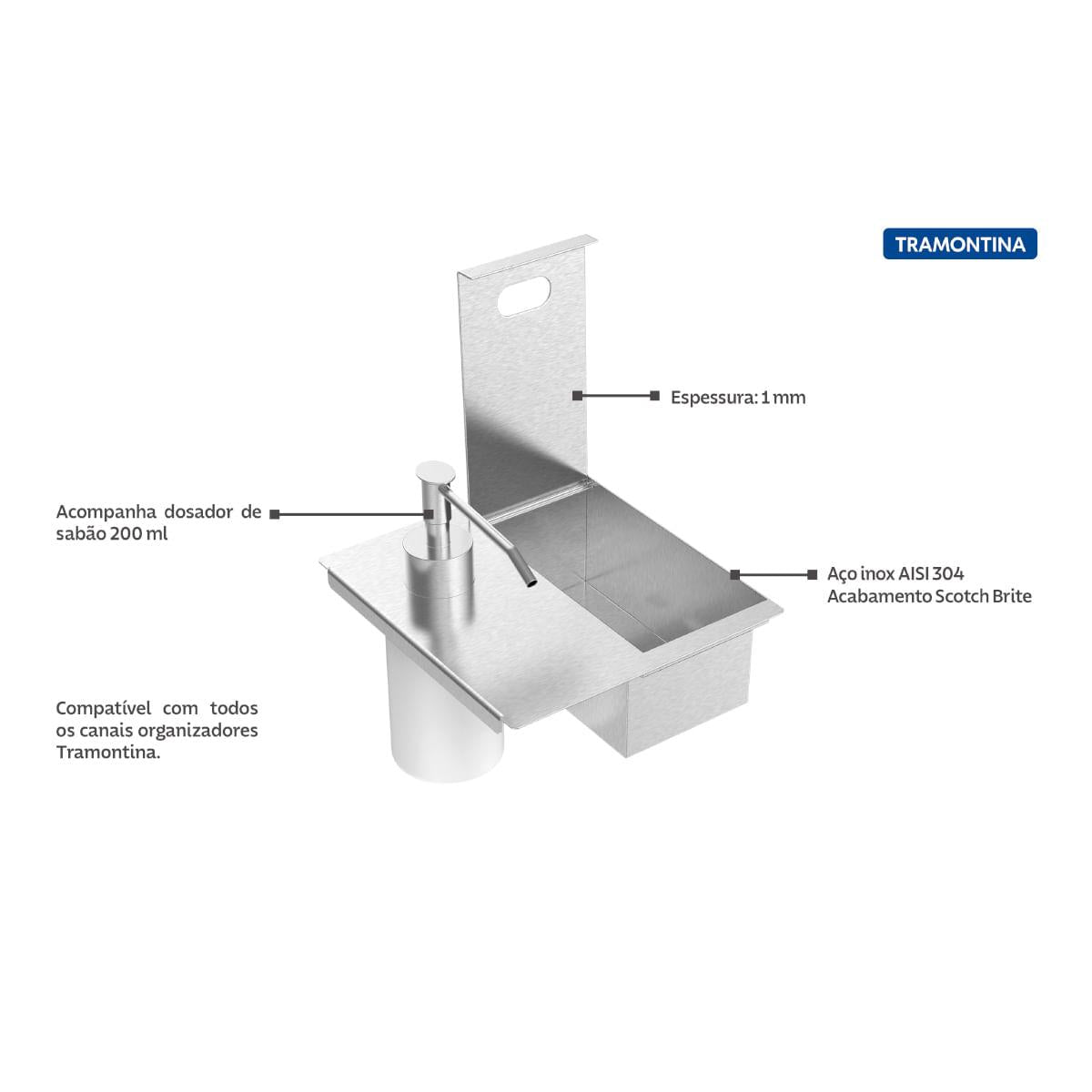 Porta Esponja Tramontina com Tampa e Dosador de Sabão Líquido em Aço Inox para uso em canal organizador 15 x 16 cm
