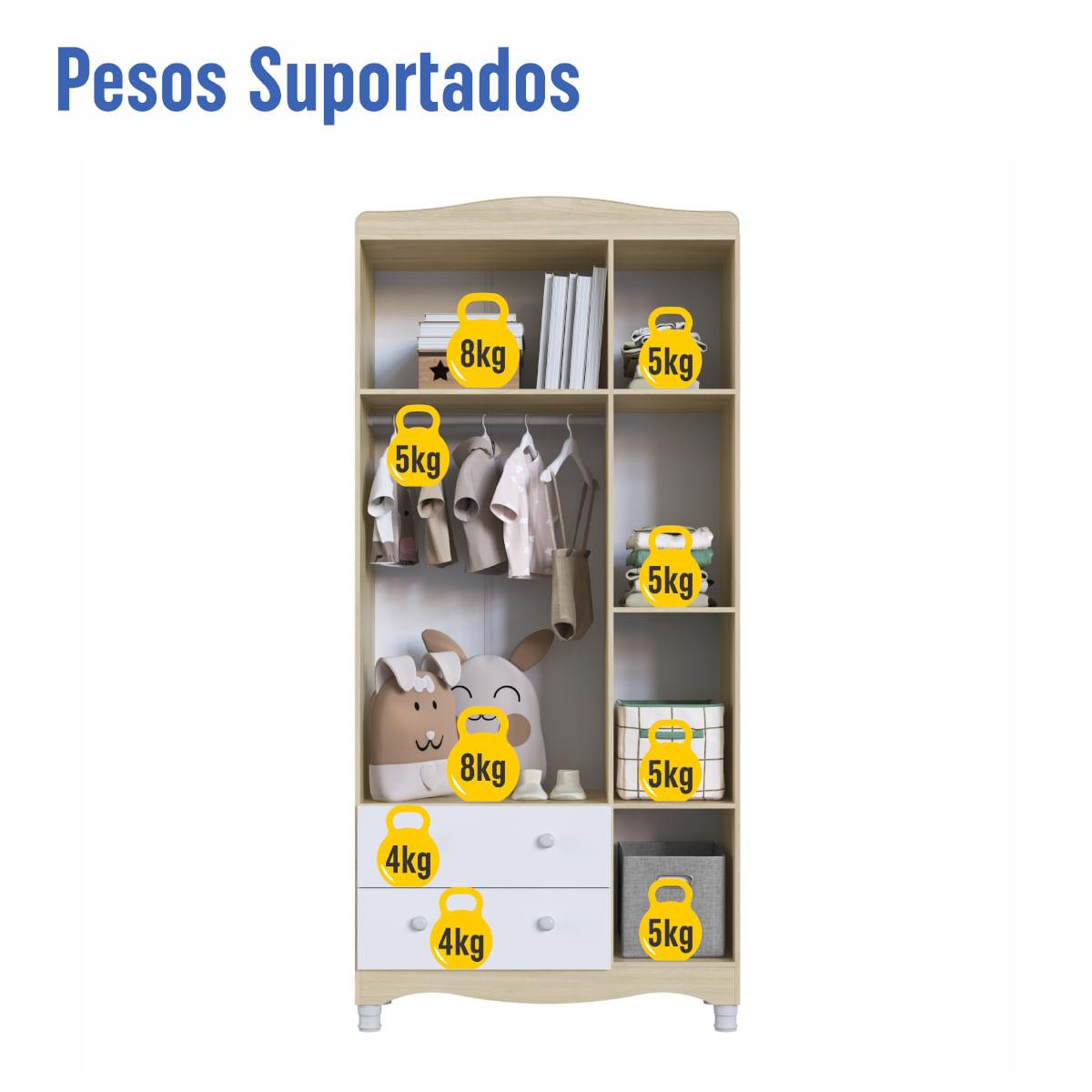 Guarda Roupas Infantil 3 Portas e 2 Gavetas 91x40x198 cm Branco e Carvalho Completa Móveis