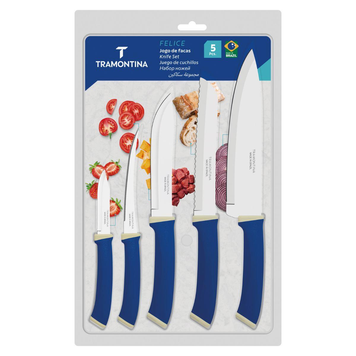 Jogo de Facas Tramontina Felice Aço Inox e Polipropileno Azul 5 Peças